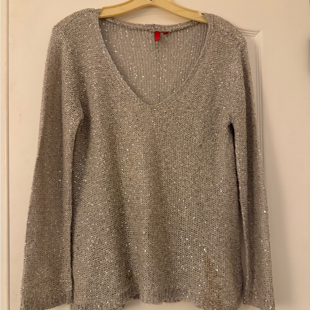 Saks Fifth Avenue 5/48 Vintage  Silver Sequin V Neck Mohair Sweater Slit Back